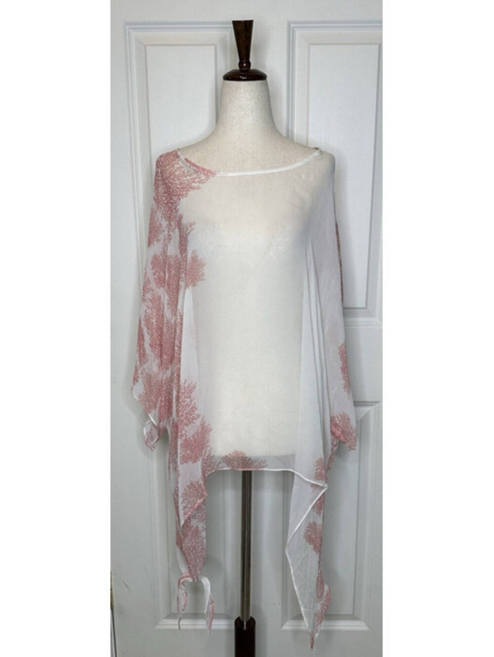 Cocoon House Silk Blouse Topper L/XL Flowy Handmade Sheer Poncho Coral White NWT